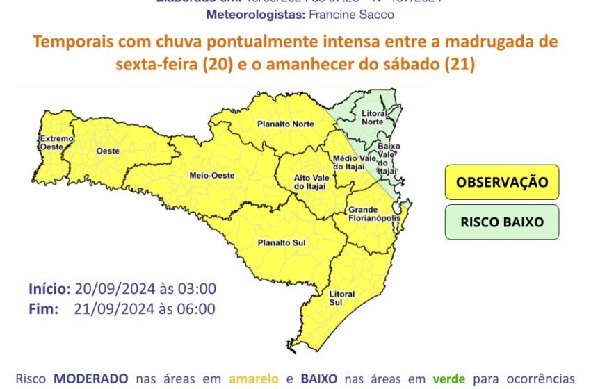  Frente fria traz risco de temporais e chuva intensa a Santa Catarina nesta sexta-feira (20)