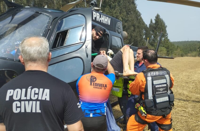 Aeronave da Polícia Civil realiza resgate de ciclista em Passos Maia