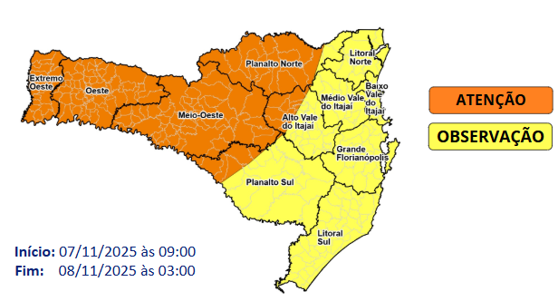 Santa Catarina em alerta para temporais com ventania e chuva intensa entre sexta (07) e sábado (08)